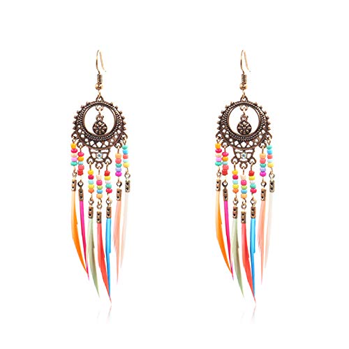 Set Bohemian Tassel Beaded Flower Drop Dangle Earrings Feather Ethnic Retro Boho Dangle Earring Beads for Women Jewelry for Gifts Vintage Rainbow Colorful - color: round gold