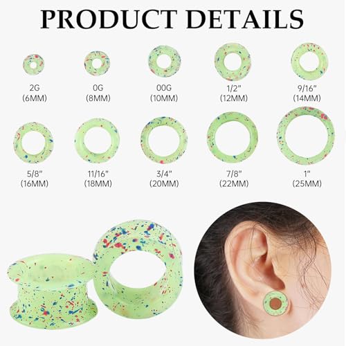 20Pcs Silicone Ear Gauges 2G-25mm Flexible Ear Tunnels Gauges Soft Expander Stretching Ear Plugs Tunnels Black Earring Piercings Jewelry for Men Women - color: Thick Green Spray with Red and Blue Dots Silicone