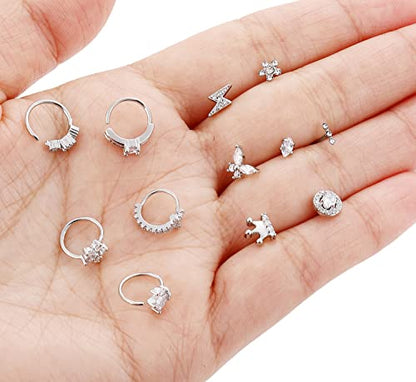 Akeoqi 12Pcs Nose Rings Stud L Shape Nose Rings Cubic Zirconia Butterfly Flower Eye Moon Crown Heart Lightning Shape Nose Studs Piercing Jewelry for Women Men Silver Gold Plated 20G - style: D:Crown&Ring