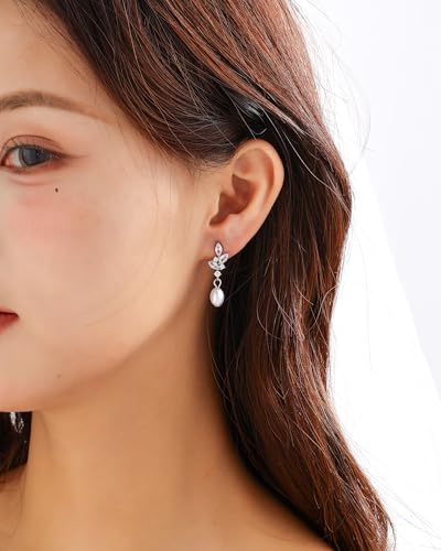 Pearl Earrings for Women, 14k Gold Plated Trendy Diamond Pearl Drop Earrings Bridal Shower Gifts Wedding jewelry for Women - color: Style B Silver