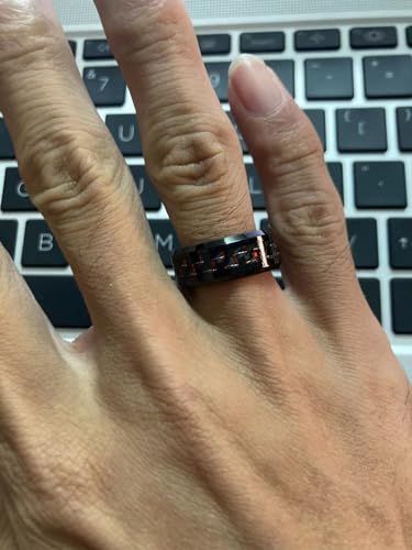 AZYOUNG Black Red Carbon Fiber Tungsten Carbide Ring Men Women Wedding Engagement Band - 8MM