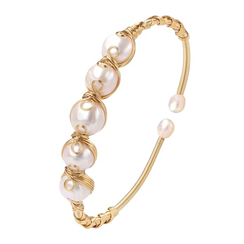 Pearls Bracelets for Women, Natural Freshwater Pearls Bracelets Jewelry Bangle, Lucky Jewelry for Mom Lover Her Diameter 1.96 ins Adjustable (14K Gold Plated)