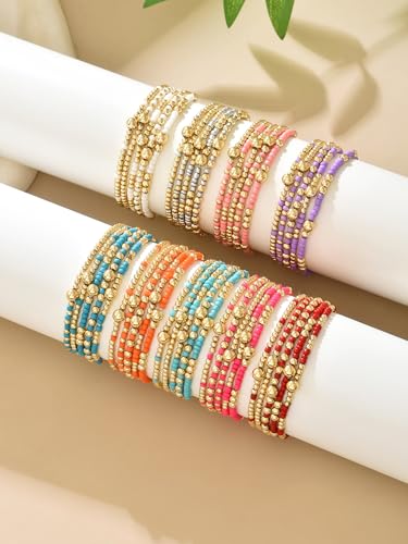 LOTSOF Bohemia Multilayer Beaded Bracelet Set, Turquoise Resin Colorful Surfer Heishi Style Elastic Spring Clasp Friendship Elastic Wristbands Summer Beach Boho Vacation Jewelry - color: Red