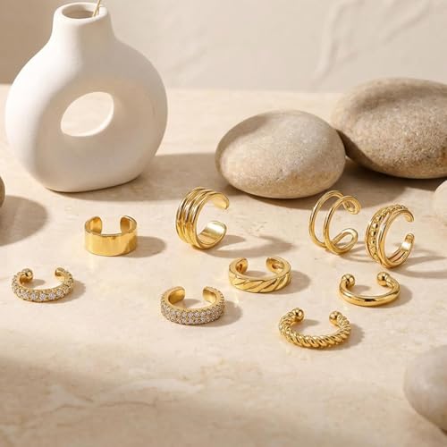 12Pcs Ear Cuffs Non Piercing 14K Gold Plated Ear Cuff Earrings for Women Adjustable Non Pierced Ears Clip on Cartilage Earrings Set Jewelry - color: A3: 12set ear cuff