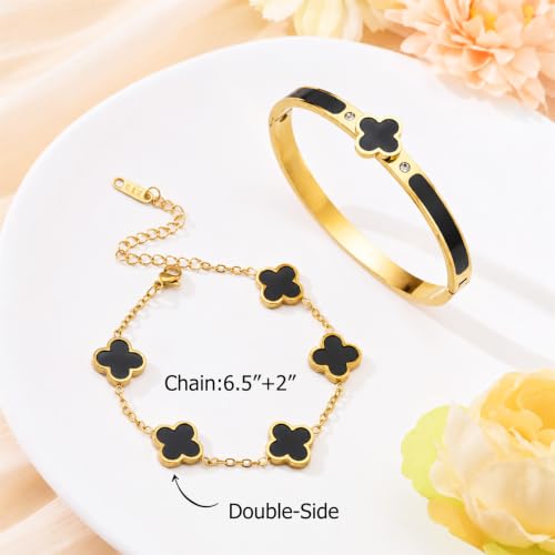 Gold Clover Bangle Bracelets for Women Men 2pcs Bracelet Stack | 18K Gold Plated Stainless Steel Non Tarnish,Chunky Black and White Jewelry,Four Leaf Clover Bracelet Bangles gifts for women - color: Gold-Black Set