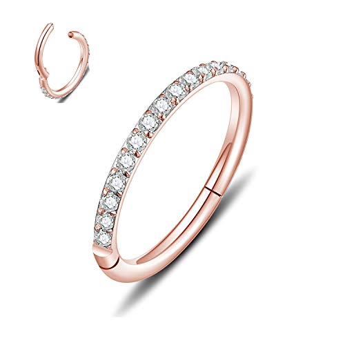 MissNity 20G, 18G, 16G, 14G Hinged Nose Rings Hoop with Gem in 316L Surgical Steel, Septum Clicker Cartilage Earrings Conch Daith Helix Rook Ear Lobe Piercing Jewelry, Diameter 6mm to 12mm - color: 03: Rose gold - Clear CZ