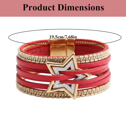 Leather Wrap Bracelets for Women Boho Layered Cuff Bracelets Bling Bohemian Jewelry - color: Burgundy