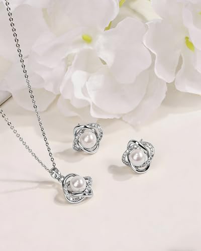 14K Gold Plated and Silver Pearl Jewelry Set for Women - Matching Pearl Necklace and Earring Set with Wrapped Design, June Birthstone Jewelry Set for Gift - color: Silver