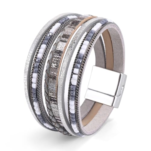 Wrapped Bracelets for Women,Leather Boho Bracelets for Women - color: Boho-Grey
