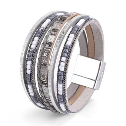 Wrapped Bracelets for Women,Leather Boho Bracelets for Women - color: Boho-Grey