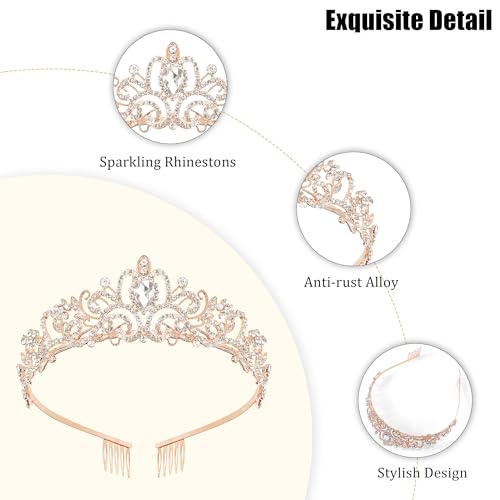 TAROSE Tiaras for Women, Birthday Crown and Sash for Girls | Birthday Sash Sunglasses Outfit, Birthday Gift for Women Girls, Goddess Crown Bride/Halloween/Prom/Party/Costume - color: 1 B. Rose Gold+white