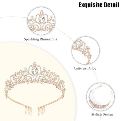 TAROSE Tiaras for Women, Birthday Crown and Sash for Girls | Birthday Sash Sunglasses Outfit, Birthday Gift for Women Girls, Goddess Crown Bride/Halloween/Prom/Party/Costume - color: 1 B. Rose Gold+white