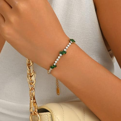 18K Gold Plated Cubic Zirconia Tennis Bracelet for Women Sparkling Stackable Stainless Steel Jewelry Hypoallergenic Tarnish Resistant Bridal Gift - color: Green Baguette CZ-Gold