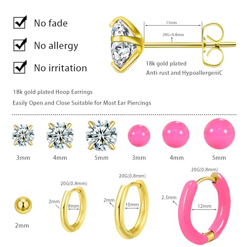 12 Pairs Stud & Hoop Earrings Set for Women 2-5mm Colorful Ball & Cubic Zirconia Stud earrings 8/10/12mm Hoop Earrings Hypoallergenic Stainless Steel Jewelry Gift Collection - color: Rose Pink