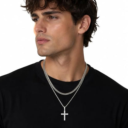 Fiusem Layered Cross Necklace for Men, Stainless Steel Cuban and Rope Chain | Silver Tone/14K Gold Plated Mens Necklace Chain with Cubic Zirconia Cross Pendant - color: Silver, size: 20/22 inches