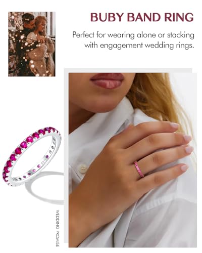 DAYBYDAY Sapphire/Emerald/Ruby Full Eternity Band Rings for Women, 2.4mm Thin Birthstone Stackable Rings, 925 Sterling Silver/14K Gold Plated Gemstone Wedding Band Anniversary Ring Size 6 to 10 - color: 07. Red Ruby, July
