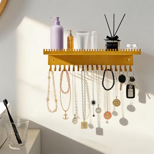Necklace Holder Wall Hanging Organizer with 56 Hooks and Tray, Wall Mounted Necklace Hanger for Earring, Bracelet, Rings, Hairband, Glasses