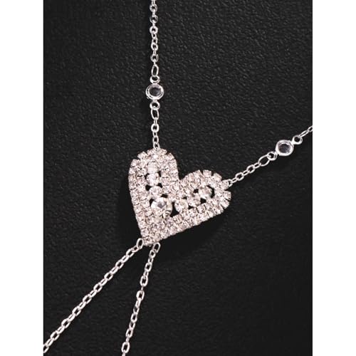 Sexy Rhinestone Heart Bra Body Chain Necklace Festival Rave Crystal Non Piercing Nipple Chain Jewelry Bikini Lingerie Nipple Body Jewelry for Women Party - color: Silver