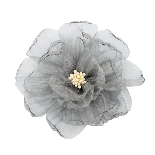 Elegant Organza Flower Brooch Pin for Women Men Delicate Fabric Camellia Floral Lapel Pins Dress Skirt Scarf Hat Clothing Decoration Accessories Holiday Wedding Party Fashion Jewelry 100mm - color: Gery