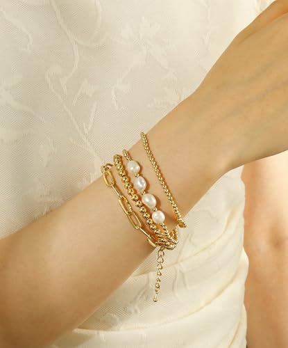 Badu Gold Beaded Bracelets for Women Boho Crystal Multiple Layered Stackable Wrap Bangle Set Paperclip Chain Trendy Jewelry - color: Gold-pearl