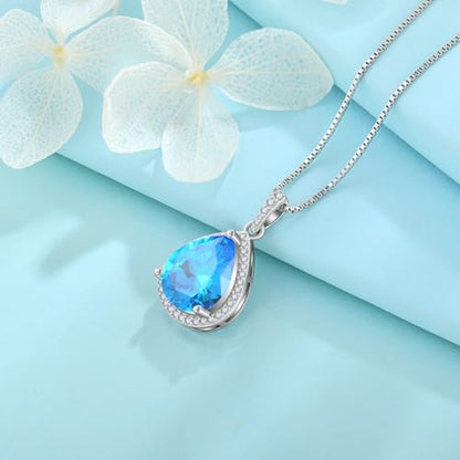 FJ Teardrop Pendant Necklace 925 Sterling Silver Birthstone Jewelry for Women - color: 03 March-Aquamarine