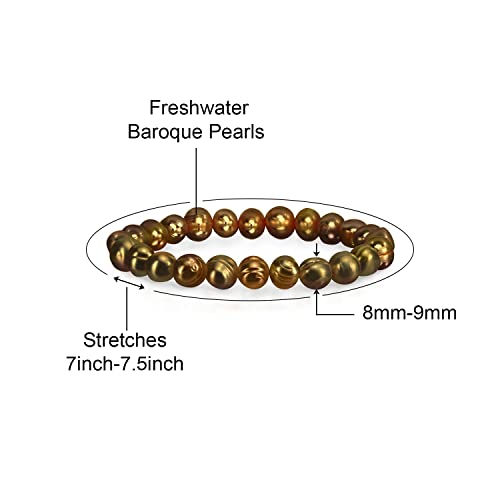 Savlano 8-9MM Cultured Freshwater Baroque Pearl Stretch Bracelet 7 Inches. Available In a Range of Beautiful Colors, For Women Comes with Gift Box - color: Chocolate
