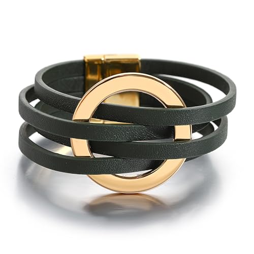 hotoo Circle Charm Bracelets for Women Handmade Leather Wrap Bracelets for Couples Friendship Bracelet Bohemian Cuff Bangle Boho Jewelry Gift - color: New Green