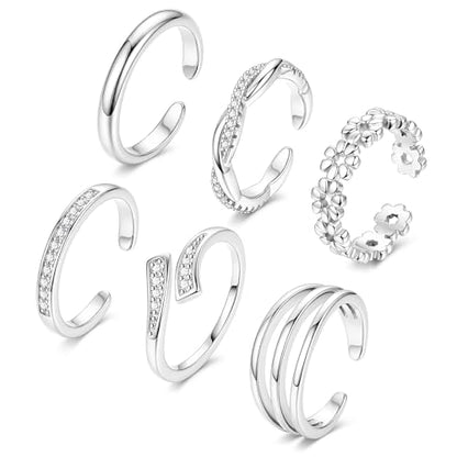 NICEIGHT 6Pcs 14K Gold Filled Toe Rings for Women Non Tarnish Silver Flower Hug Band Toe Rings Simple Adjustable CZ Twist Toe Ring Summer Beach Foot Jewelry for Women - color: Silver B