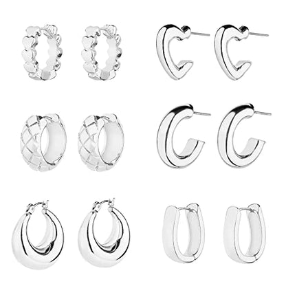 Wgoud 6 Pairs Chunky Gold Hoop Earrings for Women, 14K Gold Plated Hoop Earrings Hypoallergenic, Thick Lightweight Twisted Huggie Hoops Earring Set for Women’s Jewelry GIfts - color: 6 Silver Hoops set