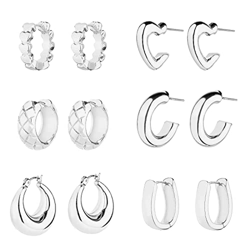 Wgoud 6 Pairs Chunky Gold Hoop Earrings for Women, 14K Gold Plated Hoop Earrings Hypoallergenic, Thick Lightweight Twisted Huggie Hoops Earring Set for Women’s Jewelry GIfts - color: 6 Silver Hoops set