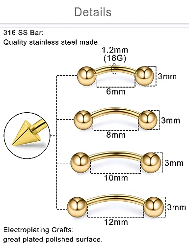 Eyebrow Piercing Jewelry Surgical Steel Curved Barbell Tiny Eyebrow Ring Vertical Labret Lip Jewelry Ear Rook Navel Small Belly Button Ring for Women Men 20g 16g 6mm/8mm/10mm/12mm - color: 16g,goldtone
