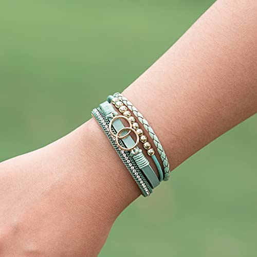 Chunky Boho Leather Wrap Bracelets Cowgirl Beaded Circle Western Jewelry | Stackable Infinity Layered Bohemian Magnetic Clasp Cuff Statement Fashion Colorful Country Hippie Outfits for Women Trendy - color: Avocado