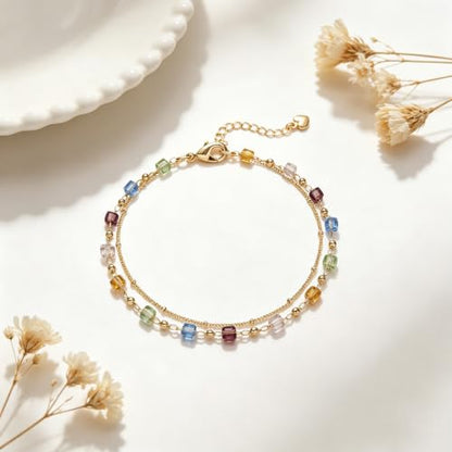 Gold Bracelets for Women Dainty 14K Gold Plated Layered Chain Bracelets Turquoise Green Aventurine Crystal Beaded Bracelets for Women - color: Colorful Crystal