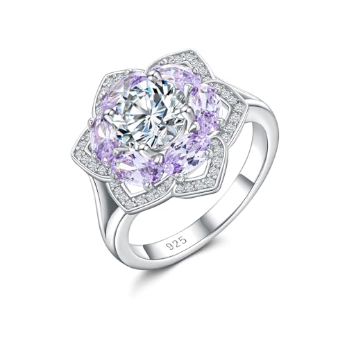 Flower Engagement Promise Ring Sterling Silver Birthstone Rings for Women Sapphire/Emerald/Ruby Gemstone Six Leaf Clover Statement Cocktail Ring Size 6 to 10 - style: 06. June-Created Alexandrite