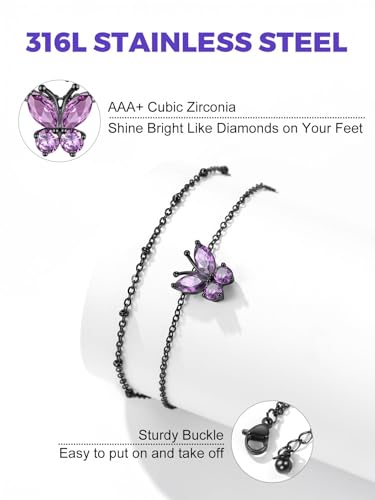 Richsteel Double Layer Heart/Butterfly Birthstone Anklet for Women | Non Tarnish Waterproof, Silver/Gold/Black Stainless Steel 8.5-10.5 Inch Adjustable Chain Anklets Summer Beach Foot Jewelry - color: Black Butterfly-06 Jun.(Alexandrite)