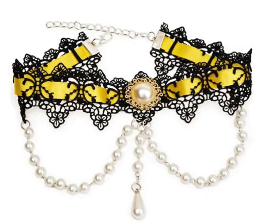 Black Lace Choker Necklace Vintage Pearl Necklaces Gothic Victorian Lolita Costume Necklaces for Women White Lace Choker for Bridal Wedding - color: Yellow
