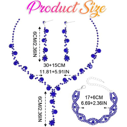 Silver Wedding Jewelry Sets Rhinestone Necklace Earrings Bracelet Set Prom Formal Costume Jewelry for Women and Brides - color: Blue