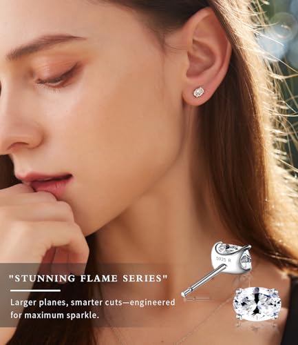 "STUNNING FLAME" Trillion-cut/Cushion-cut/Emerald-cut/Marquise-cut ... 18K White Gold Plated Sterling Silver Cubic Zirconia Simulated Diamond Stud Earrings for Women - color: Oval-Cut, size: small-white gold plated silver