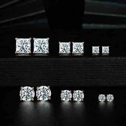 18K Gold Plated Round Princess Cut Clear Cubic Zirconia Stud Earring of 6 Pairs - color: Crose gold plated