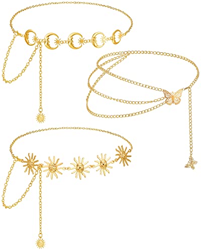 Hicarer 3 Pcs Waist Chain for Body Multi Layer Chain Belts for Women Girls Summer Beach Jewelry Halloween Adjustable - color: Gold, style: Modern Style