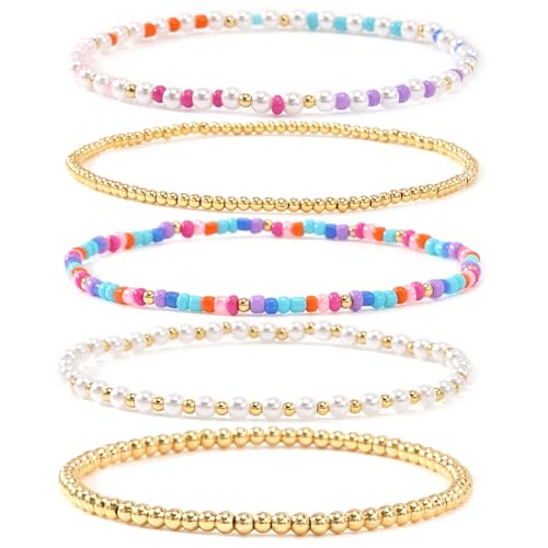 14K Gold Plated Beaded Bracelets Stack Set for Women,Stretch Boho Ball Jewelry Friendship Trendy - color: Colorful