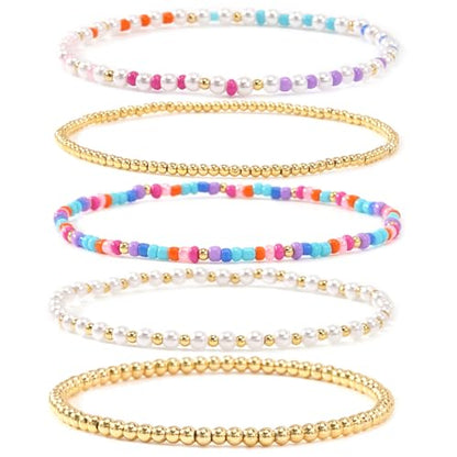 14K Gold Plated Beaded Bracelets Stack Set for Women,Stretch Boho Ball Jewelry Friendship Trendy - color: Colorful