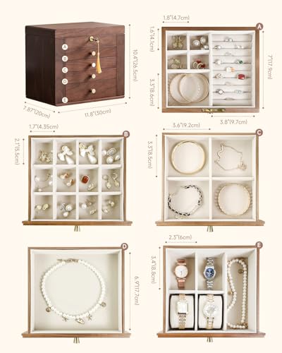 Black Walnut Wooden Jewelry Box Wood Jewelry Organizer with 2 Side Doors Mirror Lockable Classical Style for Watch Necklace Ring Earring Storage, Ideal Gift for Women-5 Layer - style: 5 Layer (Full Lock)