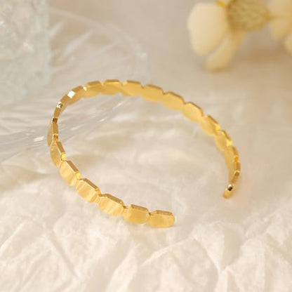 Dainty Gold Open Thin Cuff Bangle Bracelets for Woman, 18k Gold Plated Adjustable Bracelet - color: hammered