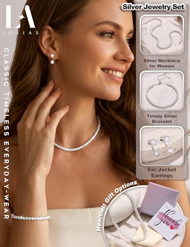 LOLIAS Silver Jewelry Set for Women Tennis Necklace Bracelet Hypoallergenic | Wedding Jewelry Sets for Brides Bridemaid,Costume Party Prom Accessories,Chockers Necklace CZ Tennis Bracelet Earrings Studs - style: Tennis Necklaces Bracelet+Ear Jacket Earrin