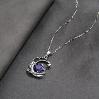 I Love You to the Moon and Back Necklace 925 Sterling Silver Black Crescent Moon Star Pendant with Heart Birthstone Necklace Anniversary Gothic Jewelry Gifts for Women Wife Lovers - color: 02-Feb-Amethyst