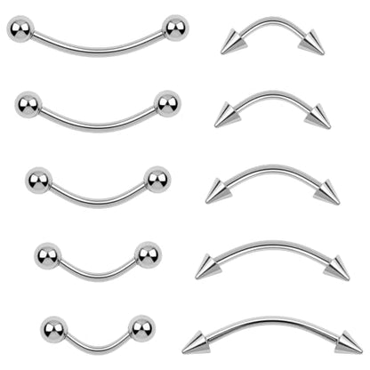 10 Pcs Eyebrow Piercing Jewelry Set – 16 g Surgical Steel Curved Barbell, Silver Vertical Labret Lip Jewelry, Tiny Eyebrow Rings Ear Rook Navel Small Belly-Button Ring for Women Men
