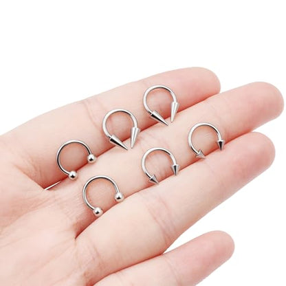 6Pcs Septum Rings 16G Surgical Steel Snake Bite Jewelry Long Spike Horseshoe Lip Rings Smiley Piercing Jewelry for Women Men 8mm 10mm - color: 16g,Diameter:8mm,silvertone