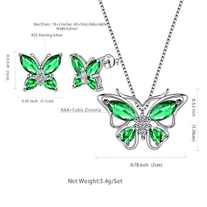 Aurora Tears Butterfly Jewelry,Women 925 Sterling Silver Butterflies Birthstone Pendant Necklace/Earrings/Rings Wedding Gift - color: E.May-set 1