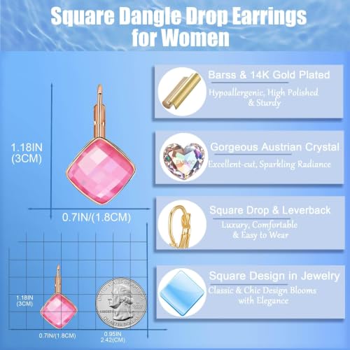 Austrian Crystal Square Leverback Drop Earrings for Women | Classic Square-Cut Crystal,14K Gold-Plated,Leverback for Easy Secure Wear,Gift Box Included,For Day and Evening Events - color: Pink